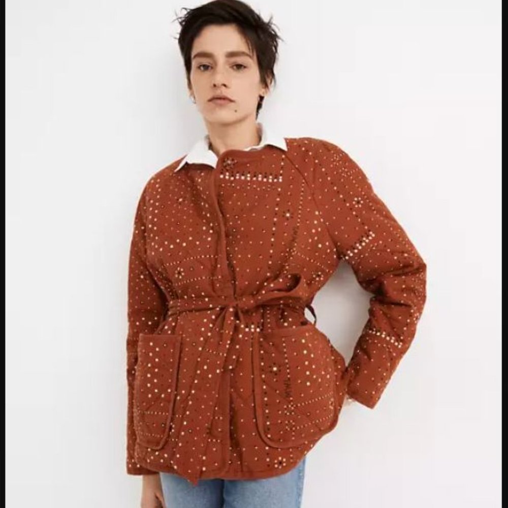 NEW MADEWELL $168 XXS 00 Quilted Bandana Jacket in Orange, Pockets Waist Tie
